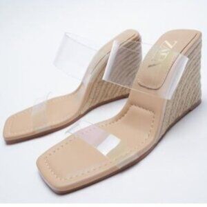 Zara Soft Glam Summer Citywear Clear And Nude Wedge Sandal Beige Women's Size 10